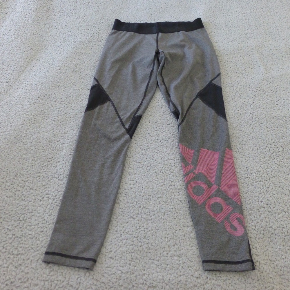 Adidas Leggings Womens Medium Gray Pink Graphic Logo Performance Tights